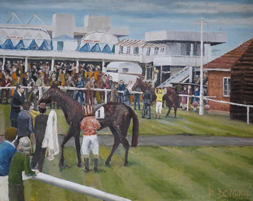 P Dominic, oil on board, ‘Race Meet’, signed, 48 x 61cm, unframed. Condition - fair